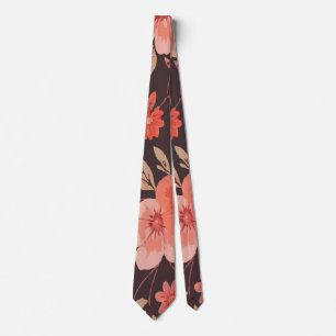 Vibrant Pink and Orange Floral on Dark Brown Tie
