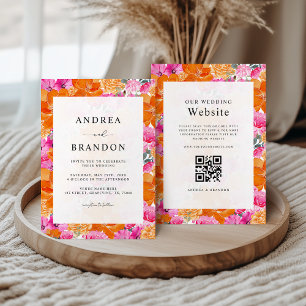 Vibrant Pink and Orange Watercolor Floral Wedding Invitation