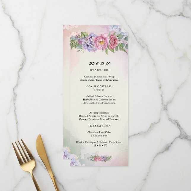 Vibrant Pink and Purple Floral Menu (Front/Back In Situ)