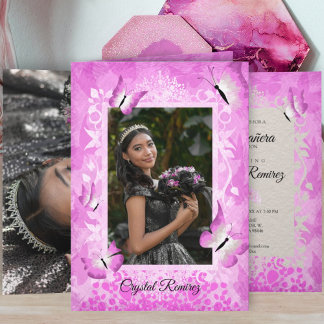 Vibrant Pink & Black Butterfly Quinceanera  Card