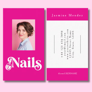 Vibrant Pink Black Script Photo Nail Technician Business Card