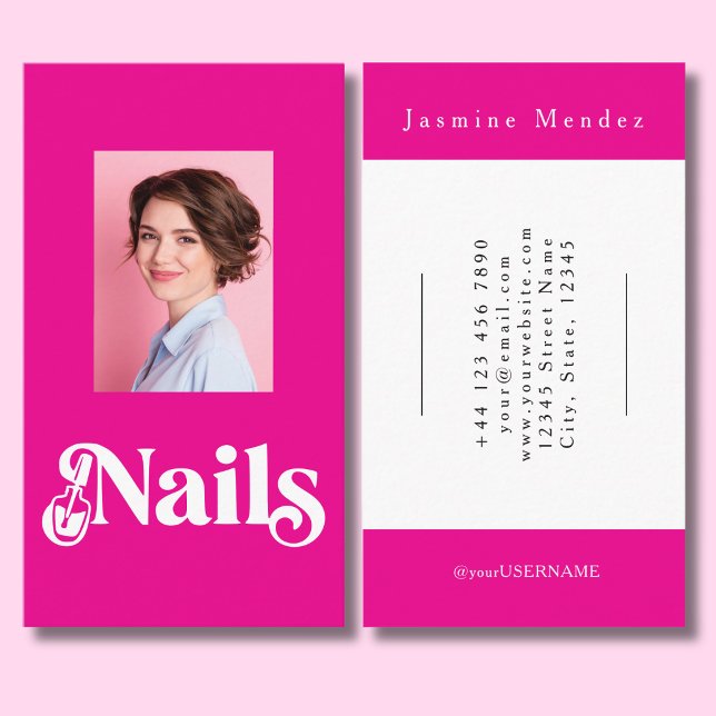 Vibrant Pink Black Script Photo Nail Technician Business Card (Creator Uploaded)