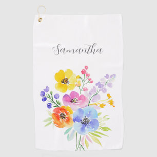 Vibrant Pink Blue Floral Personalised  Golf Towel