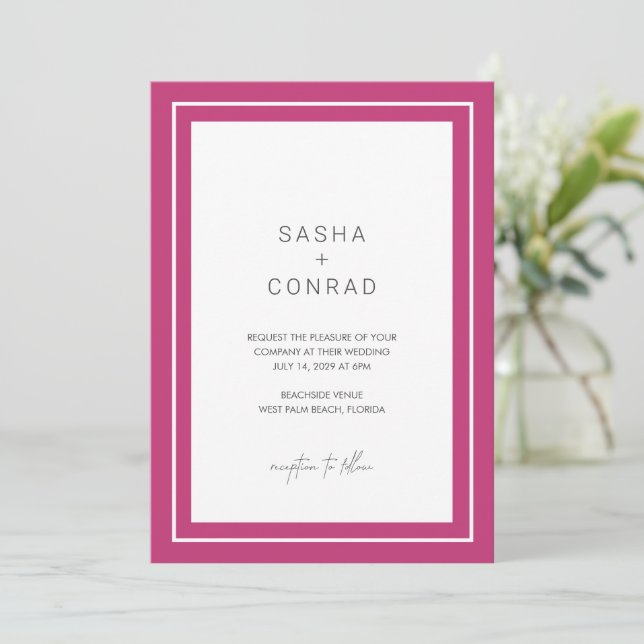 Vibrant Pink Bold Border Modern Wedding Invitation (Standing Front)