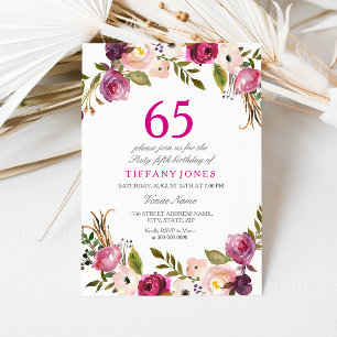 Vibrant Pink Botanical Floral 65th Birthday Invite