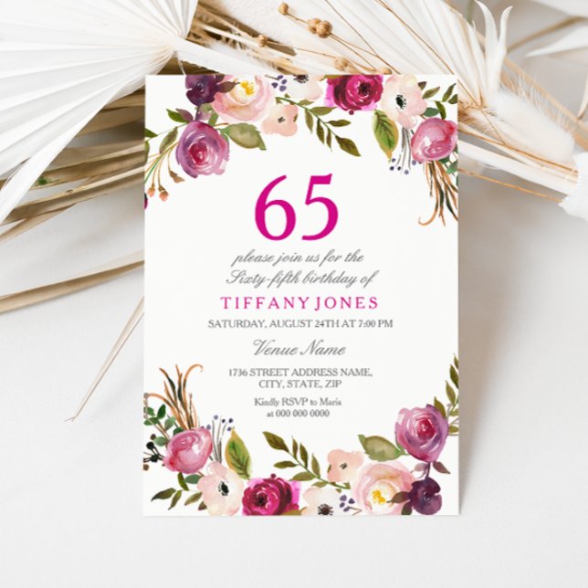 Vibrant Pink Botanical Floral 65th Birthday Invite (Creator Uploaded)