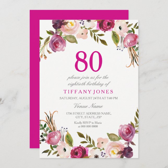 Vibrant Pink Botanical Floral 80th Birthday Invite (Front/Back)