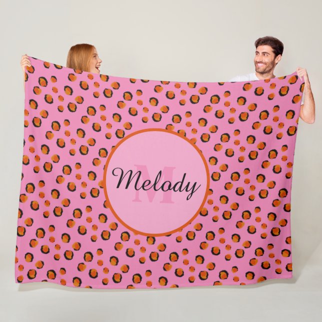 vibrant pink cheetah Animal Print Monogram  Fleece Blanket (In Situ)