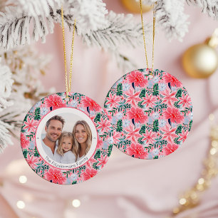 Vibrant Pink Christmas Floral 1 Sided Photo Ceramic Tree Decoration