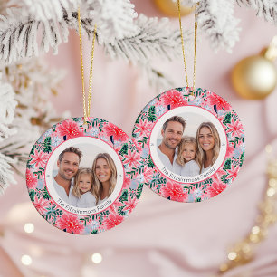 Vibrant Pink Christmas Floral 2 Sided Photo Ceramic Tree Decoration