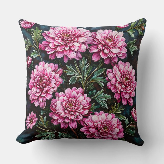 Vibrant Pink Chrysanthemums Cushion (Front)