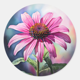 Vibrant Pink Coneflower Watercolor Classic Round Sticker