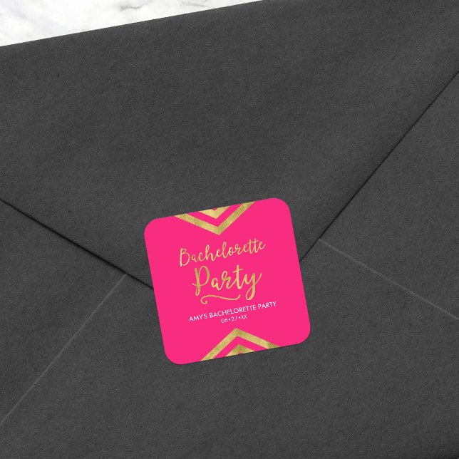 Vibrant Pink Faux Gold Chevron Bachelorette Party Square Sticker (Creator Uploaded)
