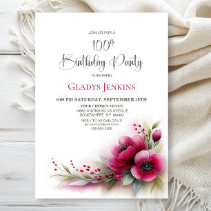Vibrant Pink Floral 100th Birthday Party Invitation