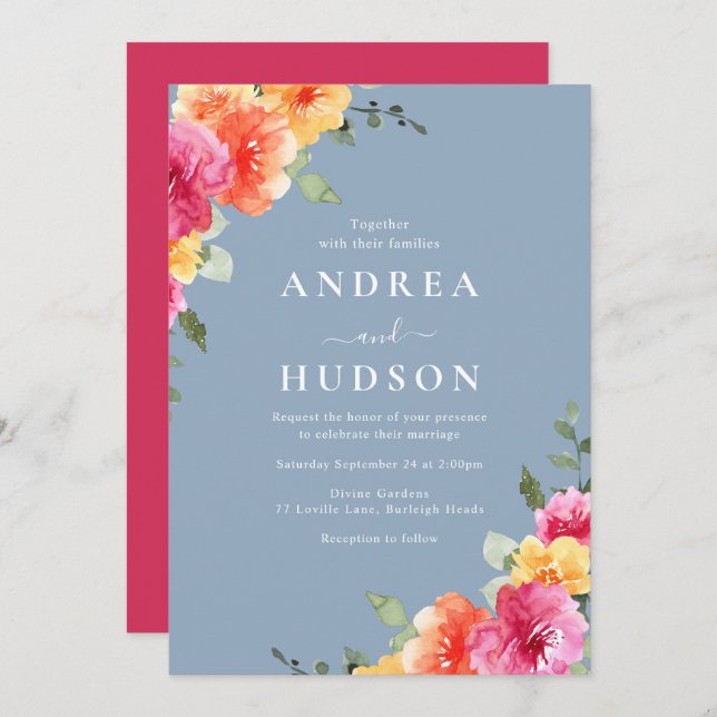 Vibrant Pink Floral Dusty Blue Wedding Invitation (Front/Back)