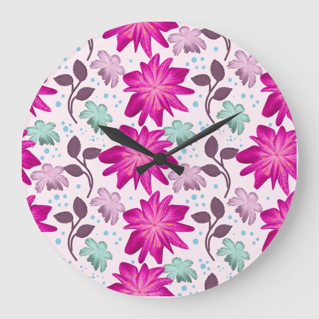 Vibrant Pink Floral Pattern | Bold Modern Flowers  Large Clock (Front)