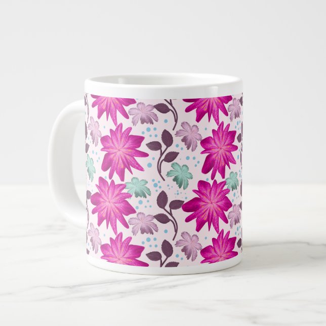 Vibrant Pink Floral Pattern | Bold Modern Flowers  Large Coffee Mug (Front Left)
