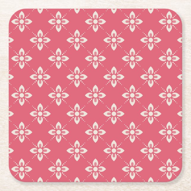 Vibrant Pink Floral Pattern with Geometric Flowers Square Paper Coaster (Front)