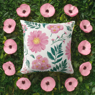 Vibrant Pink Floral Pattern with Lush Greenery Cushion