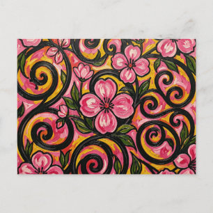 Vibrant Pink Floral Swirl Art Postcard