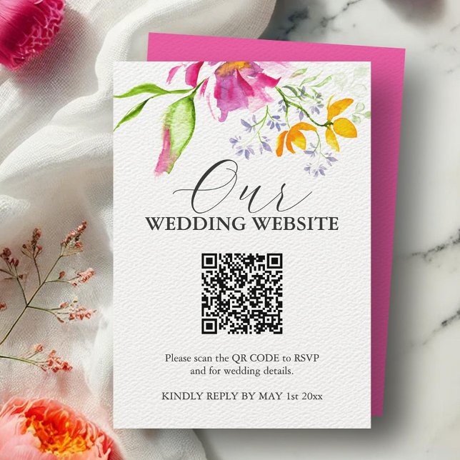 Vibrant Pink Floral Wedding Enclosure Cards (Wedding website card watercolor floral art by Victoria Grigaliunas of Do Tell A Belle)