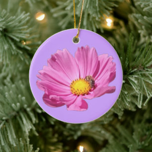 Vibrant Pink Flower With A Bee On A Summer Day Cut Ceramic Tree Decoration