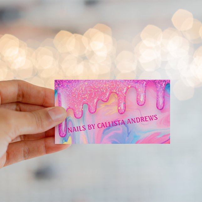 Vibrant Pink Glitter Drip Art for Nail Design Business Card (Creator Uploaded)
