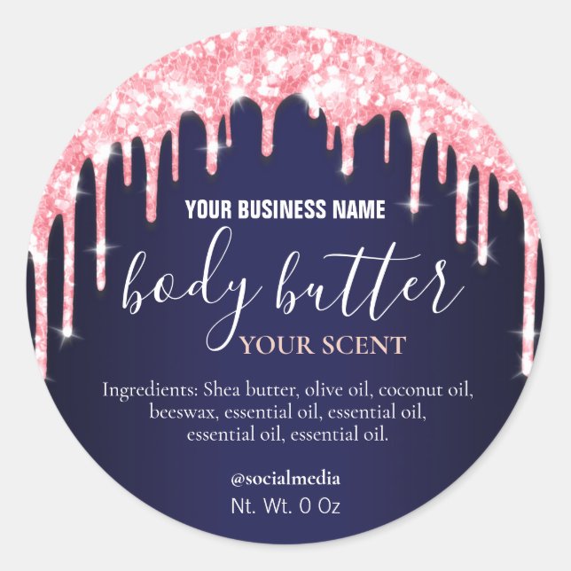 Vibrant Pink Glitter Drips Dark Blue Body Butter Classic Round Sticker (Front)