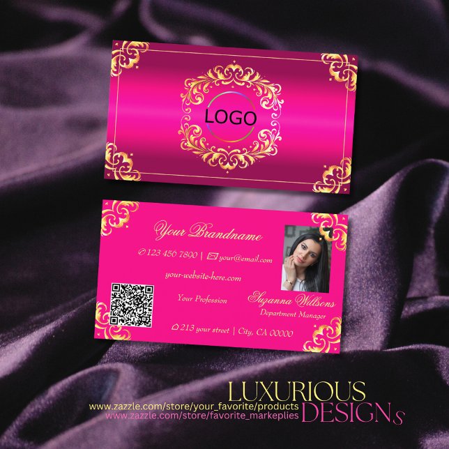 Vibrant Pink Gold Ornate Logo Photo and QR Code Business Card (Creator Uploaded)