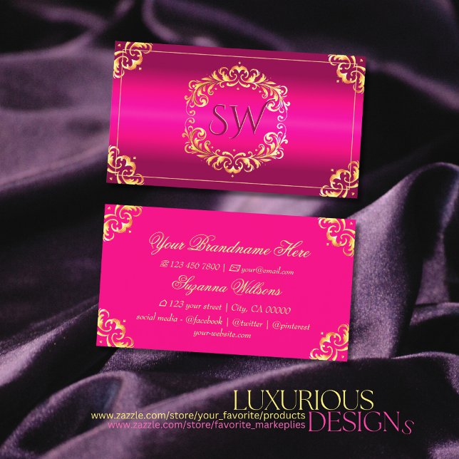 Vibrant Pink Gold Ornate with Monogram Sumptuous Business Card (Creator Uploaded)
