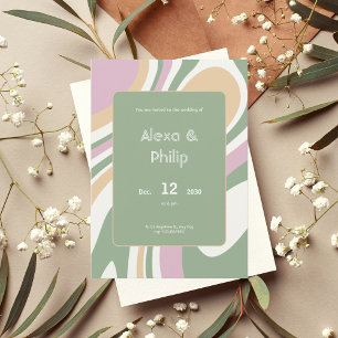Vibrant pink, green and cream lines Wedding Invitation