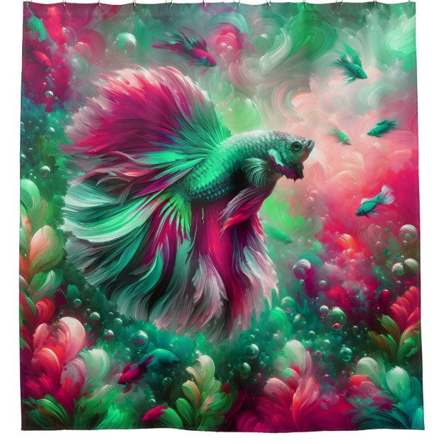 “Vibrant Pink & Green Betta Fish Art” Shower Curtain (Front)