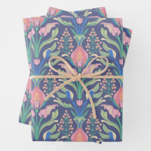 Vibrant Pink Green Blue Art Nouveau Floral