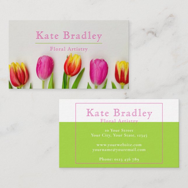 Vibrant Pink & Green Tulip Flowers Business Card (Front/Back)