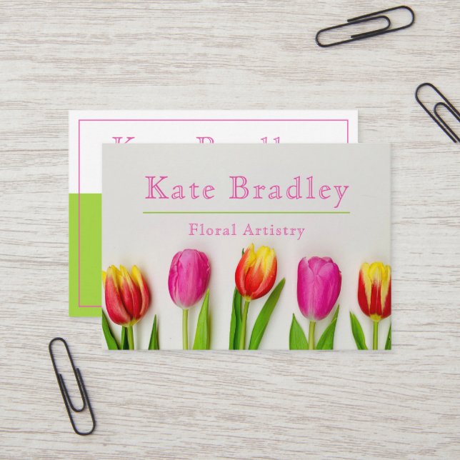 Vibrant Pink & Green Tulip Flowers Business Card (Front/Back In Situ)