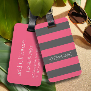 Vibrant Pink & Grey Rugby Stripes with Custom Name Luggage Tag