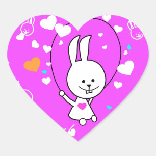 Vibrant Pink Happy Jump Roping Bunny Heart Sticker