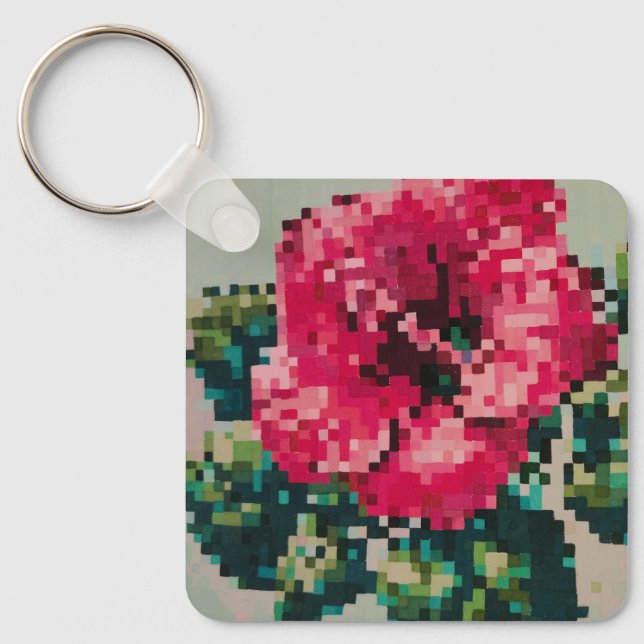 Vibrant pink hibiscus pixel art key ring (Front)