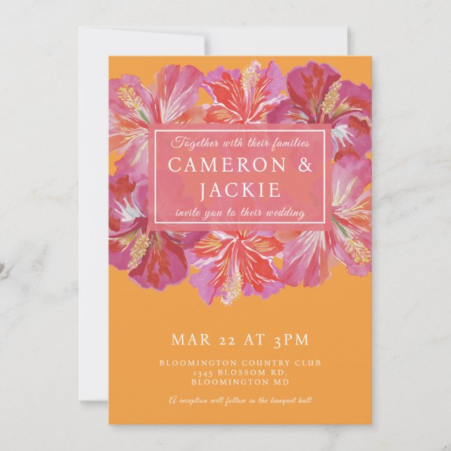 Vibrant Pink Hibiscus Tropical Wedding  Invitation (Front)