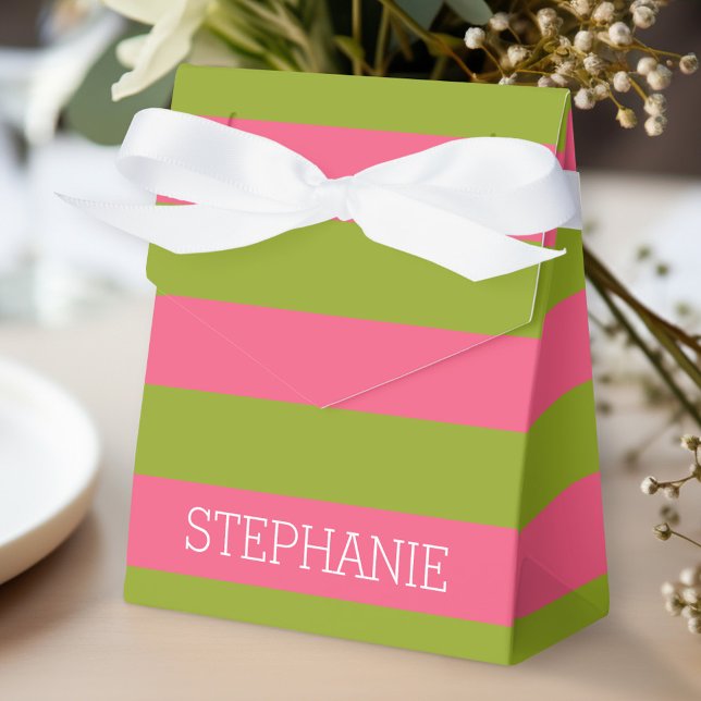 Vibrant Pink & Lime Rugby Stripes with Custom Name Favour Box (Personalized gift box for party favors)