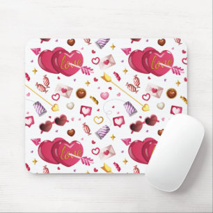 Vibrant Pink Love Heart & Sweet Candies Pattern Mouse Pad