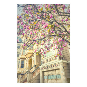 Vibrant Pink Magnolia Tree and Victorian House Photo Print
