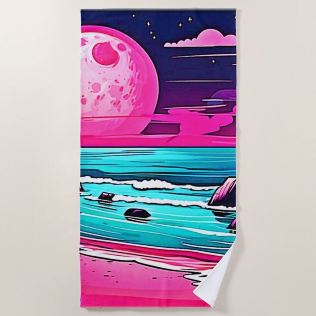 Vibrant Pink Moon Beach Towel (Front)