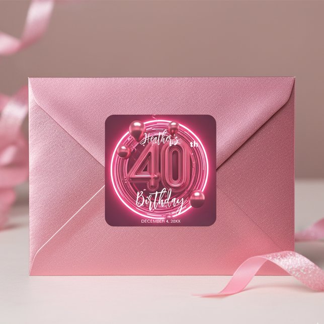 Vibrant Pink Neon 40th Birthday Celebration Square Sticker (Creator Uploaded)