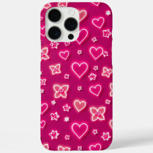 Vibrant Pink Neon Hearts and Flowers Retro Pattern iPhone 16 Pro Max Case
