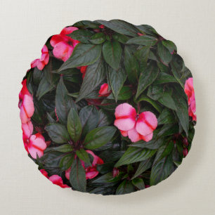 Vibrant Pink New Guinea Impatiens Flowers Pattern Round Cushion