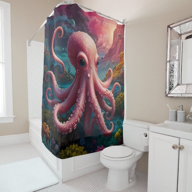 Vibrant pink Octopus Underwater Sea Life bathroom Shower Curtain (In Situ)