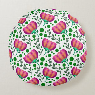 Vibrant Pink Orange Floral Pattern  Round Cushion