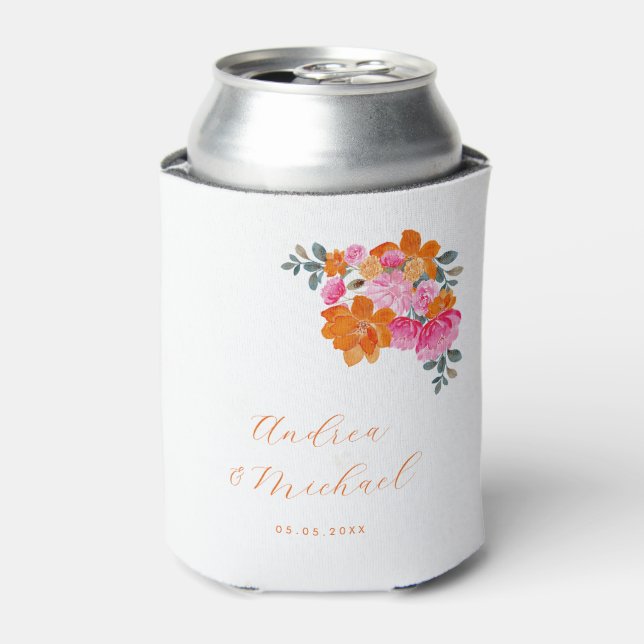 Vibrant Pink Orange Floral Summer Custom Wedding Can Cooler (Can Front)