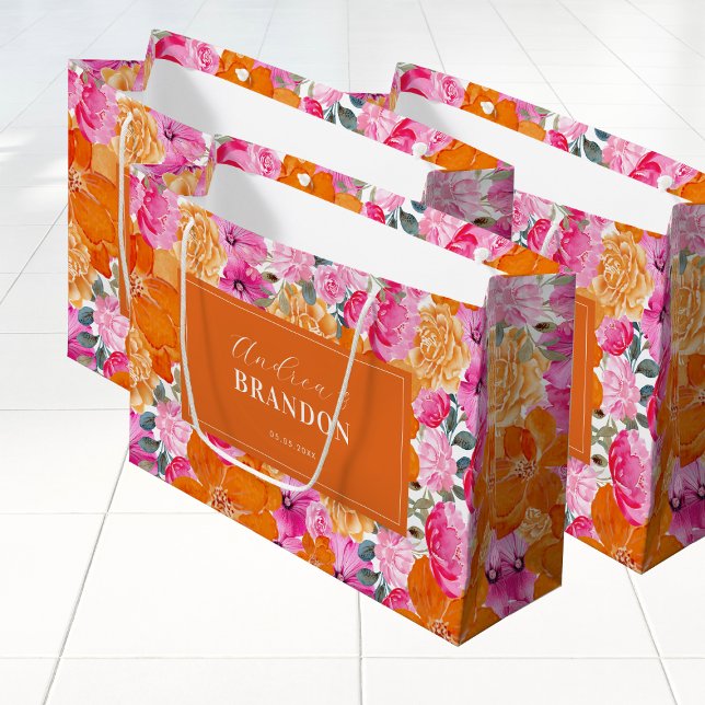 Vibrant Pink & Orange Garden Floral Names Wedding Large Gift Bag (Creator Uploaded)